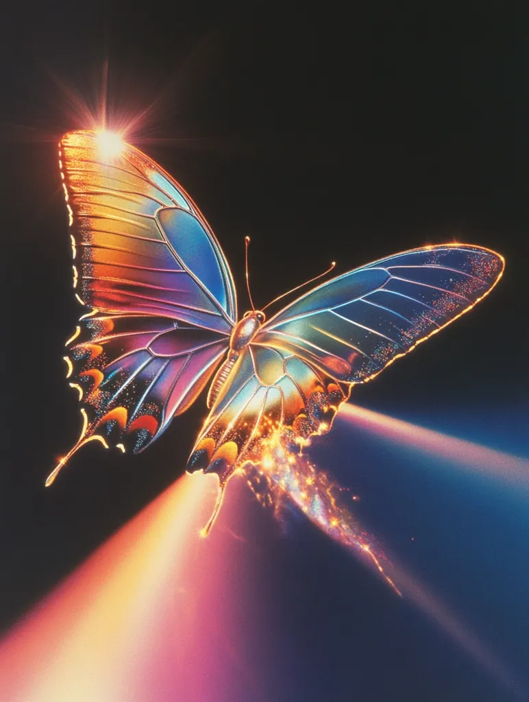 A vibrant, iridescent butterfly takes flight against a dark background. Its wings shimmer with a spectrum of colors, catching the light like a prism.  A radiant trail of golden sparks follows the butterfly, creating a magical, ethereal effect. The overall image evokes a sense of wonder and transformation.