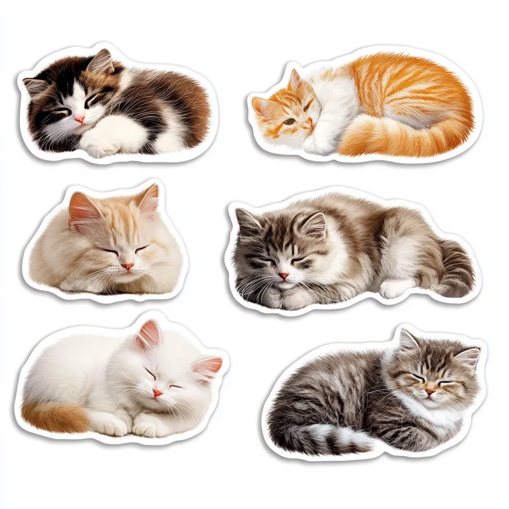 Six adorable cats, each depicted in a curled-up sleeping position, are presented against a white background. The cats display a variety of colors and fur patterns, including calico, ginger, fluffy white, grey and brown tabby, and a darker grey tabby. Each cat's image is enclosed within a white oval sticker-like frame.  The overall impression is one of peaceful feline slumber.