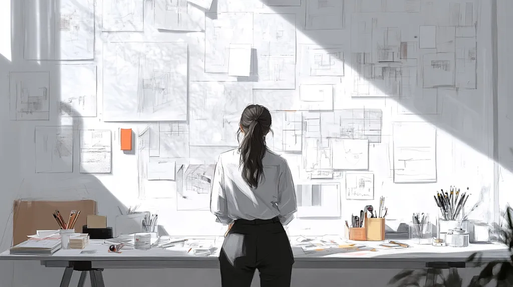 A woman stands with her back to the viewer, observing a wall covered in architectural sketches and design plans.  She wears a white shirt and black trousers.  Sunlight streams into the room, illuminating a desk cluttered with art supplies, including pencils, brushes, and papers. The overall atmosphere is calm and focused, suggesting a creative workspace.