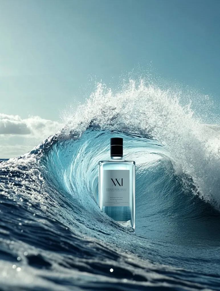 A bottle of XI London Dry Gin rests within a curling ocean wave. The sleek, rectangular bottle features a minimalist design with the brand's logo prominently displayed. The clear gin is partially visible, and the wave's turquoise hues complement the bottle's aesthetic.  The overall image conveys a sense of freshness, purity, and the spirit's connection to the sea.