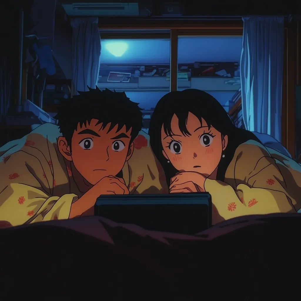 A young anime couple, lying in bed, intently watch something on a device.  The room is dimly lit, illuminated by moonlight through a window. They are dressed in pajamas, their expressions focused and curious. The artwork style evokes a nostalgic, romantic mood. The scene is intimate and suggests a shared moment of quiet enjoyment.