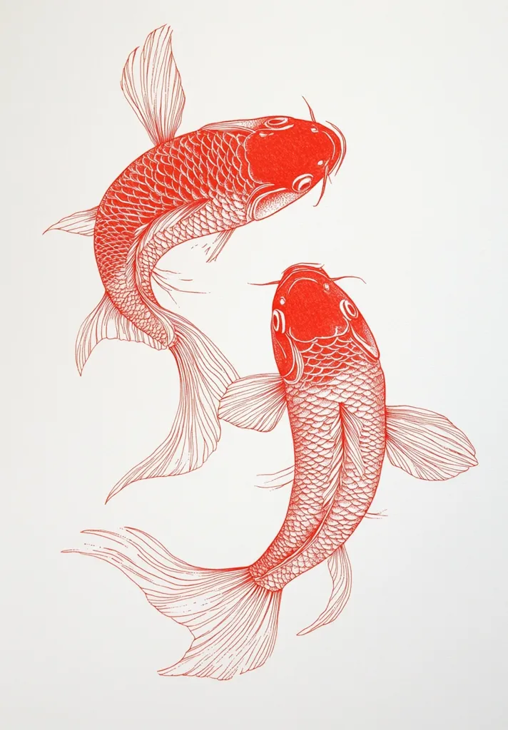 A detailed line drawing showcases two vibrant red koi fish, elegantly depicted against a stark white backdrop.  The intricate detailing highlights the scales and fins of each fish, creating a sense of movement and grace.  The composition is balanced, with the fish positioned in a flowing, complementary arrangement, suggestive of a harmonious relationship. The overall style is reminiscent of traditional Japanese art.