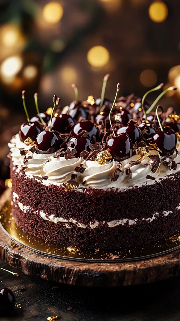 A decadent chocolate cake, adorned with glistening cherries and gold leaf, sits on a rustic wooden stand.  The cake is layered, with whipped cream frosting and chocolate shavings.  A warm, bokeh background suggests a festive setting. The image is rich in color and texture, highlighting the luxurious details of the dessert.