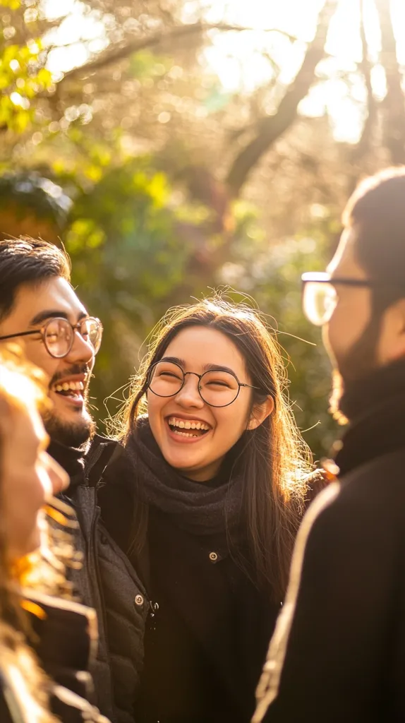 A group of friends laugh together outdoors in the sunlight.  A young woman with glasses smiles brightly at the center, surrounded by two men and a woman.  The warm light illuminates the scene, creating a cheerful and friendly atmosphere.  They are all bundled in winter jackets, suggesting a cool day. The background is blurred, focusing the attention on the happy group.