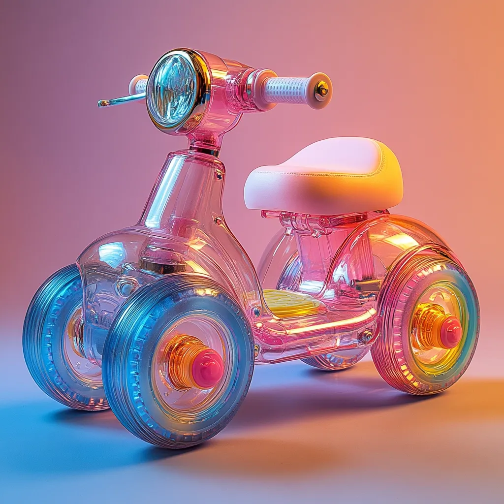 A translucent pink child's scooter is showcased against a gradient pink and purple background.  Its three wheels feature iridescent detailing, and the seat is a soft white. The scooter boasts a simplified, retro design with a gold-toned headlight.  The overall aesthetic is playful and modern, ideal for young children.