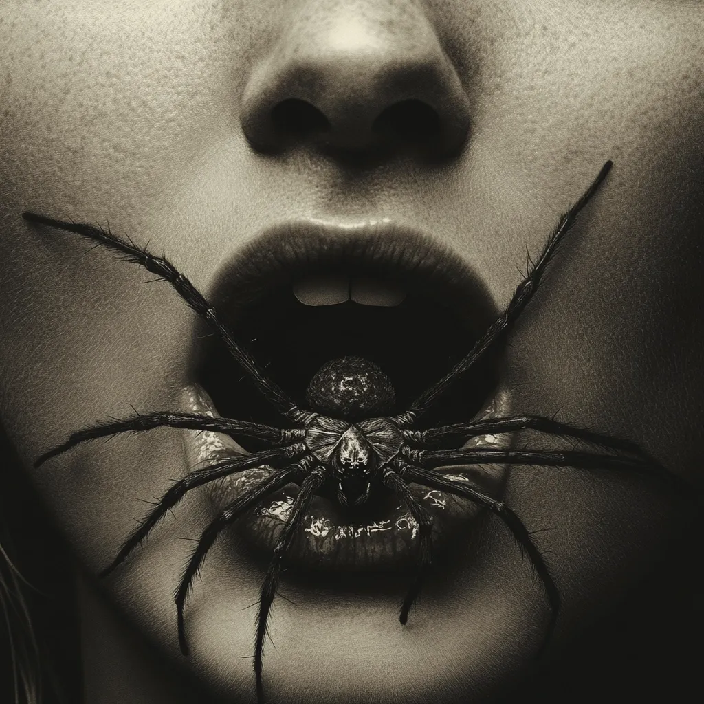 A close-up, monochrome image depicts a woman's open mouth with a large, hairy spider positioned inside.  The spider's legs sprawl across her lips, creating a stark and unsettling contrast between the human form and the arachnid.  The overall tone is dark and dramatic, evoking a sense of fear and unease. The image is highly detailed, emphasizing textures of both skin and spider.