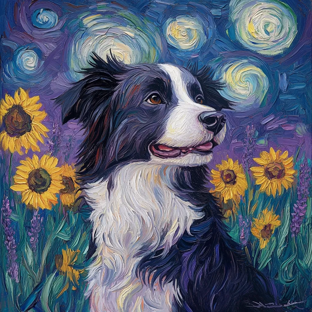 A border collie dog is depicted in a vibrant impasto painting style reminiscent of Van Gogh.  The dog's portrait is set against a swirling, starry night sky, surrounded by sunflowers and lavender. The thick brushstrokes create a textured, expressive effect, showcasing the dog's fur and the surrounding flora in vivid detail.  The overall mood is joyful and serene.
