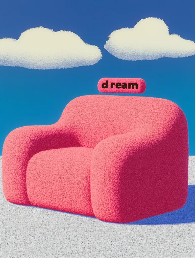 A fluffy, pink armchair sits on a light gray floor against a bright blue sky. Two stylized fluffy white clouds float above.  A small rectangular sign on top of the chair reads "dream" in dark lettering. The overall style is playful and surreal.