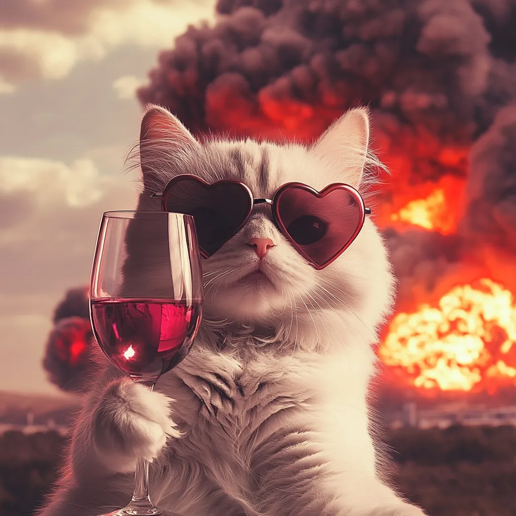 A fluffy white cat, wearing heart-shaped sunglasses, elegantly holds a glass of red wine.  The background features a dramatic, fiery explosion, creating a stark contrast between the cat's calm demeanor and the chaos behind it. The image is humorous and surreal, juxtaposing serenity with destruction.