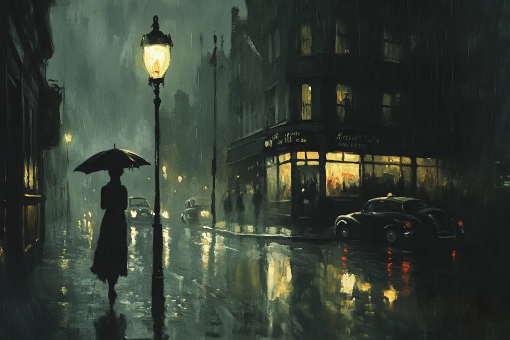 A woman with an umbrella walks alone on a rain-slicked city street at night.  The scene is dimly lit by street lamps and the warm glow of a shop window.  Cars are parked or slowly driving past, their lights reflecting on the wet pavement. The atmosphere is melancholic and evocative of a bygone era, possibly 1940s or 1950s London.  The dark, moody tones and the solitary figure create a sense of quiet loneliness.