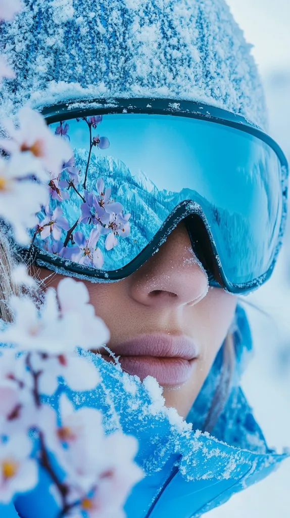 A close-up shot of a woman's face partially covered by a snow-dusted blue ski helmet and goggles.  The goggles reflect a stunning mountain range and delicate pink blossoms.  Snow covers her clothing and the blossoms, creating a frosty winter scene.  The image evokes a sense of serenity and the beauty of a cold, snowy landscape.