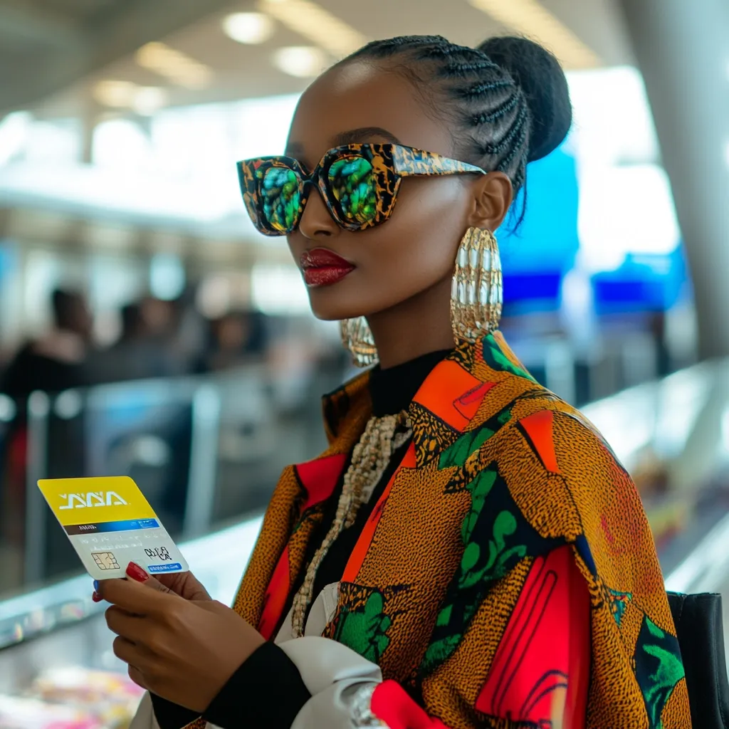 A stylish Black woman with a high bun and leopard print sunglasses holds a yellow credit card. She wears a vibrant, patterned jacket in oranges, reds, and greens, accessorized with large pearl earrings and a pearl necklace.  The background is blurred, suggesting an indoor public space, possibly an airport.  Her makeup is bold, with red lipstick.