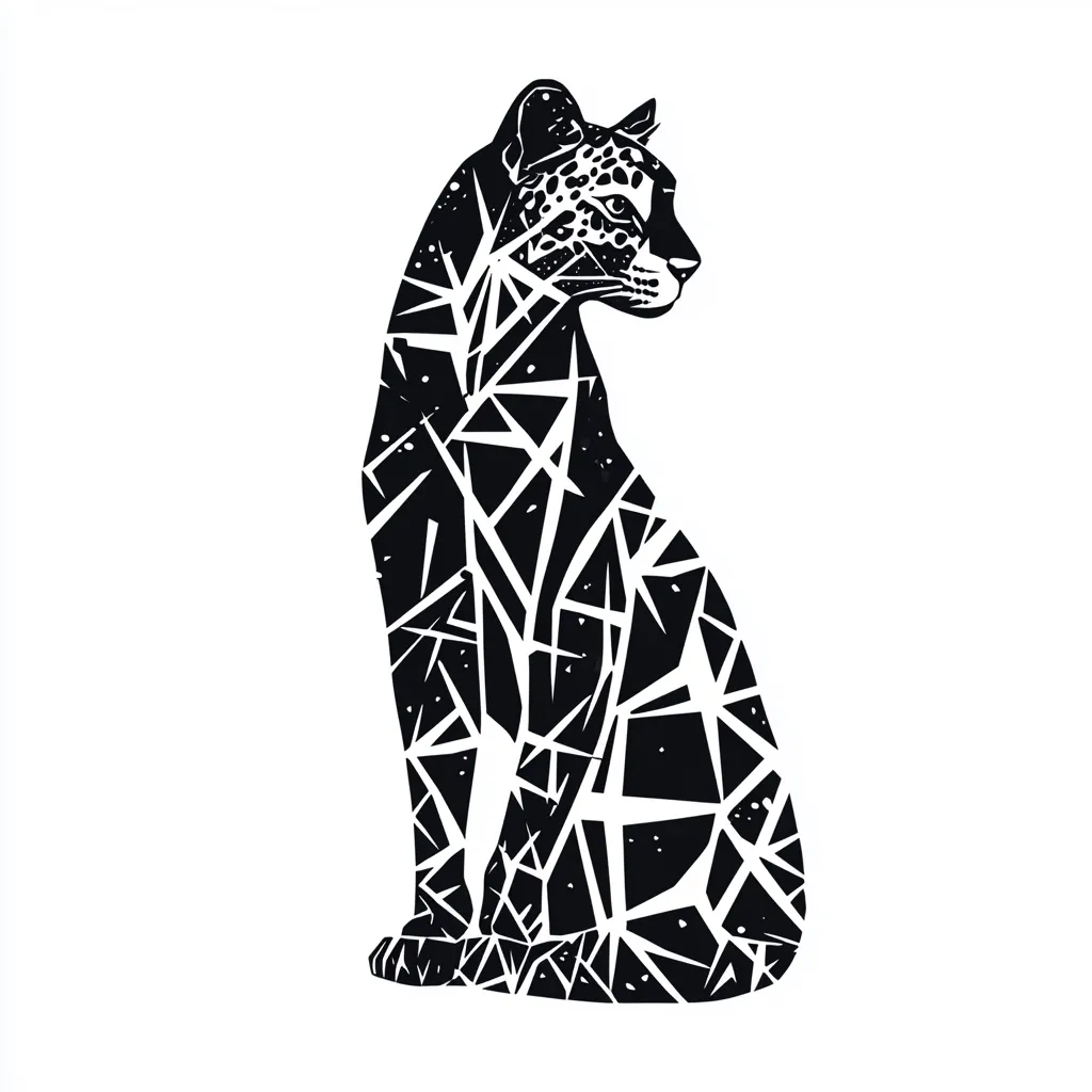 A stylized black and white illustration of a jaguar sitting in profile.  The jaguar's form is fragmented into a geometric, shattered pattern of sharp angles and lines, creating a bold and graphic effect. The image is minimalist, set against a plain white background, with the jaguar's details rendered in a textured, almost distressed style.  The overall impression is one of powerful elegance and artistic abstraction.