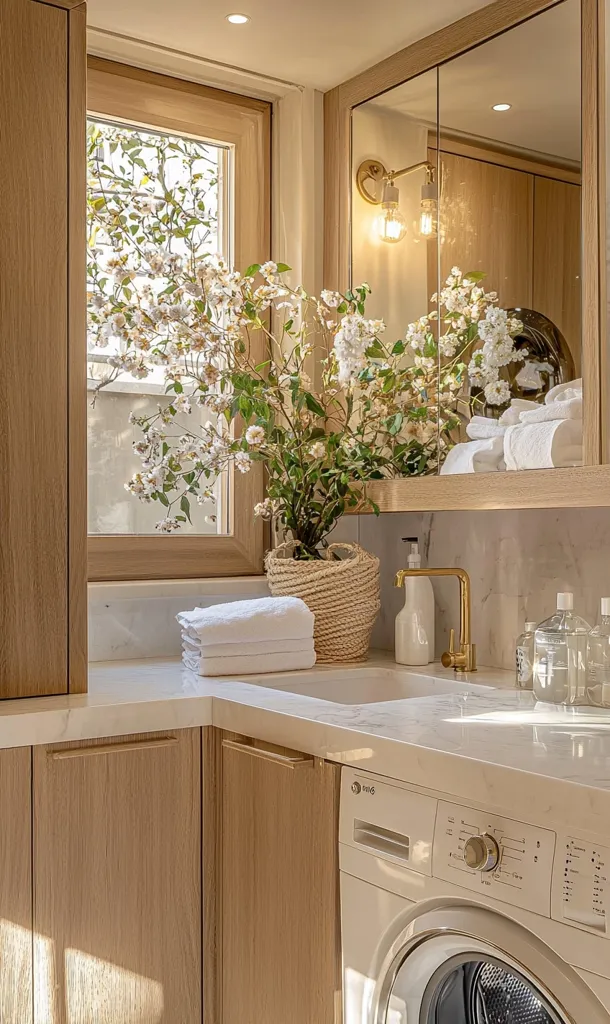 A bright and airy laundry room features light wood cabinets, a marble countertop, and a gold-toned faucet.  A large window allows natural light to stream in, illuminating a vase of white blossoms.  Stacked white towels sit neatly on the counter, and a washing machine is partially visible. The room's overall aesthetic is clean, minimalist, and inviting.