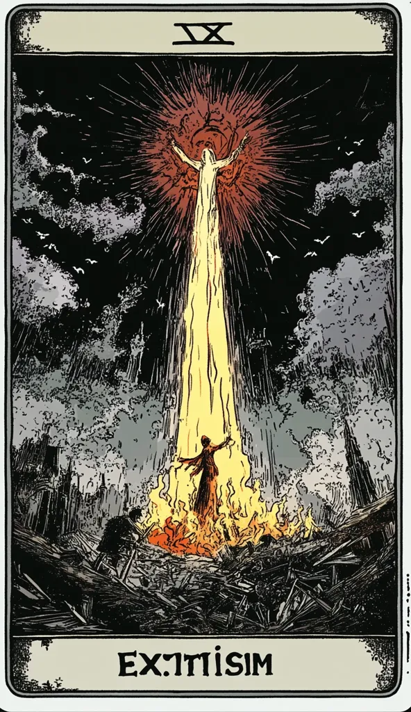 A tarot card, "Extimism," depicts a fiery scene. A radiant, humanoid figure ascends from a burning pyre, casting a bright light against a dark, stormy sky.  Birds fly overhead as a smaller figure participates in the flames below.  The overall style is dark, evocative, and suggests themes of destruction and transcendence.  The card's Roman numeral, "XV," indicates its position in the deck.
