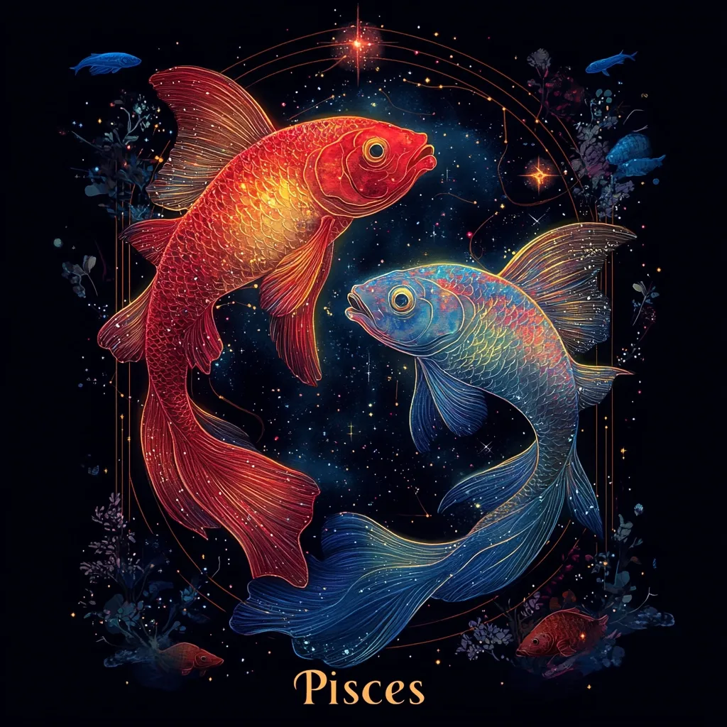 A vibrant illustration depicts the Pisces zodiac sign as two intertwined fish, one red and one blue.  Their scales shimmer with a cosmic glow against a dark, starry background. Delicate floral accents and a golden geometric frame add to the mystical aesthetic. The word "Pisces" is elegantly inscribed below the celestial fish. The artwork blends astrological symbolism with artistic flair.