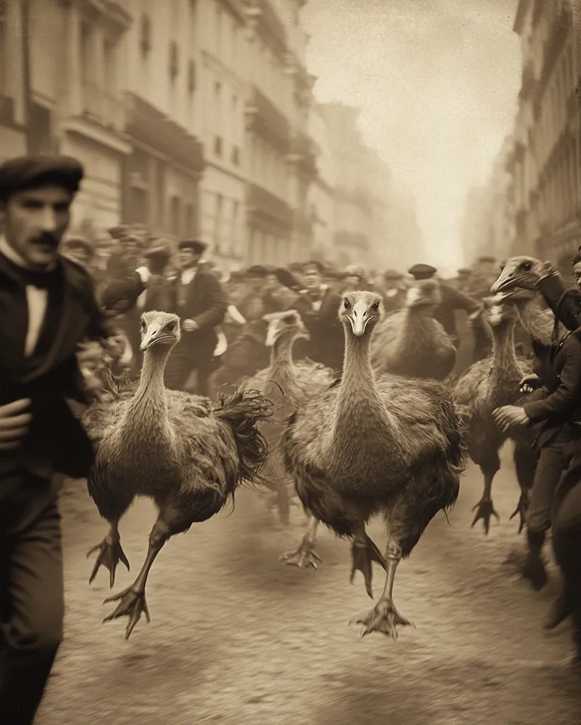 A sepia-toned photograph captures a herd of ostriches running down a Parisian street, their long legs a blur of motion.  People in period clothing are seen running alongside or attempting to control the birds. The scene is chaotic and dynamic, suggesting a unique and unexpected event in the city. The background shows a typical Parisian street with buildings lining the sides.