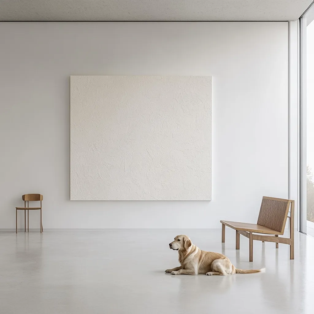A minimalist white room features a large, textured white artwork on the wall.  A light golden retriever lies on the polished concrete floor, gazing to the left.  A simple wooden chair and bench are positioned at opposite ends of the space, enhancing the clean, uncluttered aesthetic.  Natural light streams in from a large window.