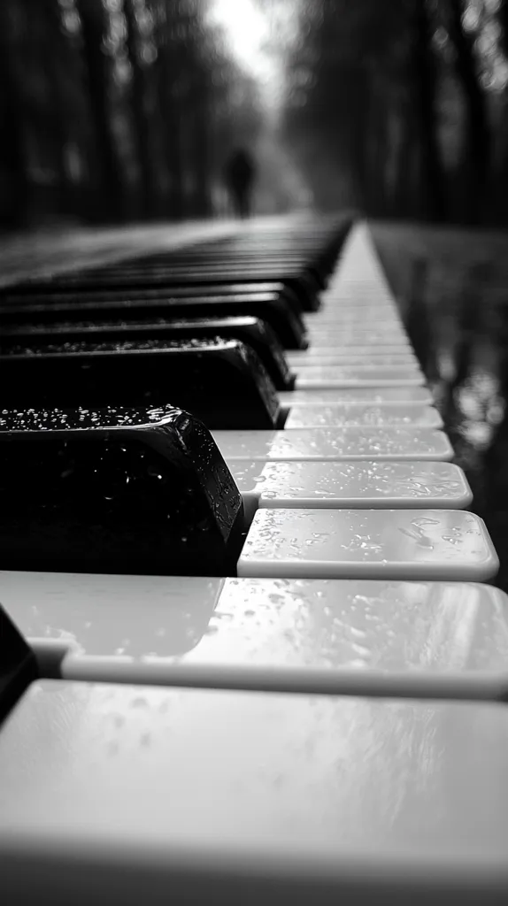 A black and white image shows a piano keyboard extending into the distance, towards a blurred figure walking down a tree-lined path.  Raindrops cover the glossy keys, suggesting a recent rain shower. The focus is sharpest on the keys in the foreground, creating a strong sense of depth and perspective.  The overall mood is melancholic and serene.