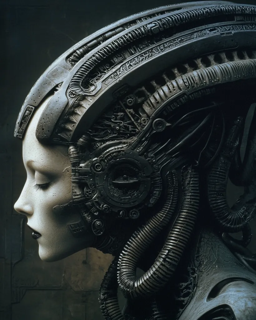 A digital painting depicts a cyborg woman's profile. Her face is pale and serene, eyes closed, while her head is encased in intricate, dark metallic machinery.  Tubes and gears intertwine, creating a biomechanical fusion of flesh and technology.  The overall mood is dark and somber, hinting at a dystopian or sci-fi setting. The detailed textures suggest a worn, aged aesthetic, emphasizing the fusion of organic and inorganic elements.