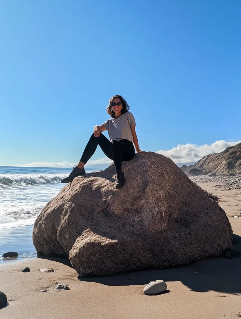 A young woman with dark hair and sunglasses sits atop a large, smooth rock on a sandy beach.  The ocean waves gently lap the shore in the background under a clear blue sky. She's wearing a grey t-shirt and black leggings, and the overall scene is peaceful and sunny. The rock is a prominent feature, contrasting with the soft sand and the distant coastline.