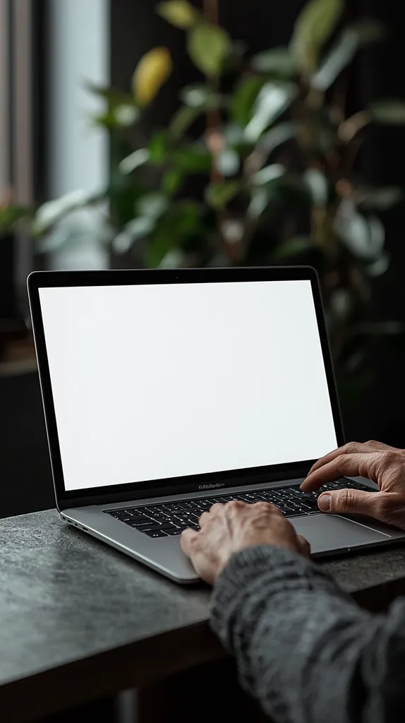 A person's hands are seen typing on a silver laptop with a blank white screen. The laptop rests on a dark gray surface, with a blurred background featuring a green plant. The image suggests a moment of work or online activity in a dimly lit, possibly home office setting. The focus is on the laptop and hands, creating a sense of quiet concentration.