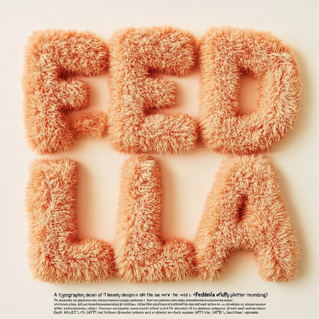 The image showcases a typography design.  The word "FEDLLA" is rendered in three-dimensional, fluffy, light-orange letters, resembling a plush texture. The letters are distinct and separated against a pale background. The design suggests a soft, tactile quality, contrasting the hard lines of typical typography.  The overall aesthetic is playful and unusual.