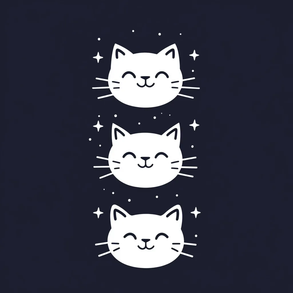 Three adorable white cat faces are vertically stacked against a dark blue background.  Each cat has simple, smiling features and small whiskers.  Tiny white stars surround the cats, adding a magical touch to the cute design.  The overall style is minimalist and charming.