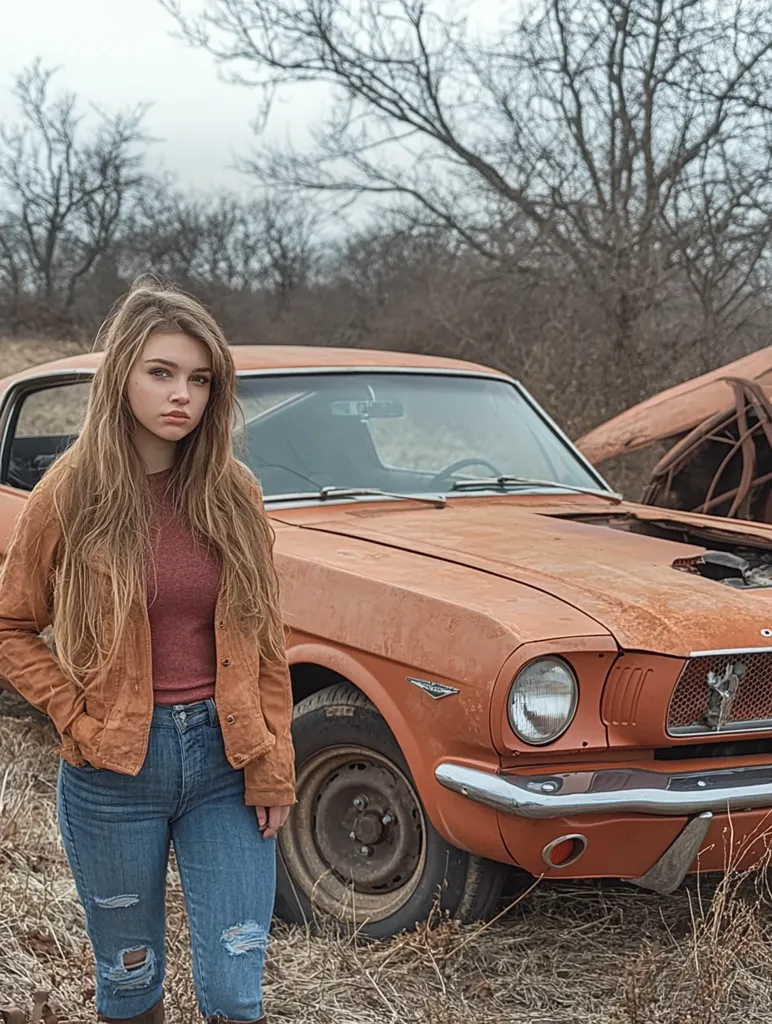 A young woman with long brown hair stands in front of a rusty orange classic Mustang.  She's wearing a brown corduroy jacket and blue jeans. The car is parked in a field of dry grass, with bare trees in the background, suggesting a rural or autumnal setting.  The overall mood is slightly melancholic yet evocative of classic Americana.  Part of a wrecked car is visible in the background.