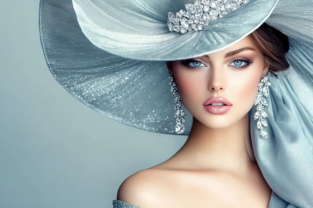 A glamorous woman with flawless makeup and a radiant complexion is elegantly adorned in a large, shimmering silver hat.  The hat is embellished with a stunning diamond band, and she wears matching diamond earrings. Her light blue eyes and subtle pink lips complete the sophisticated and luxurious look.  The image evokes a sense of timeless beauty and high fashion.