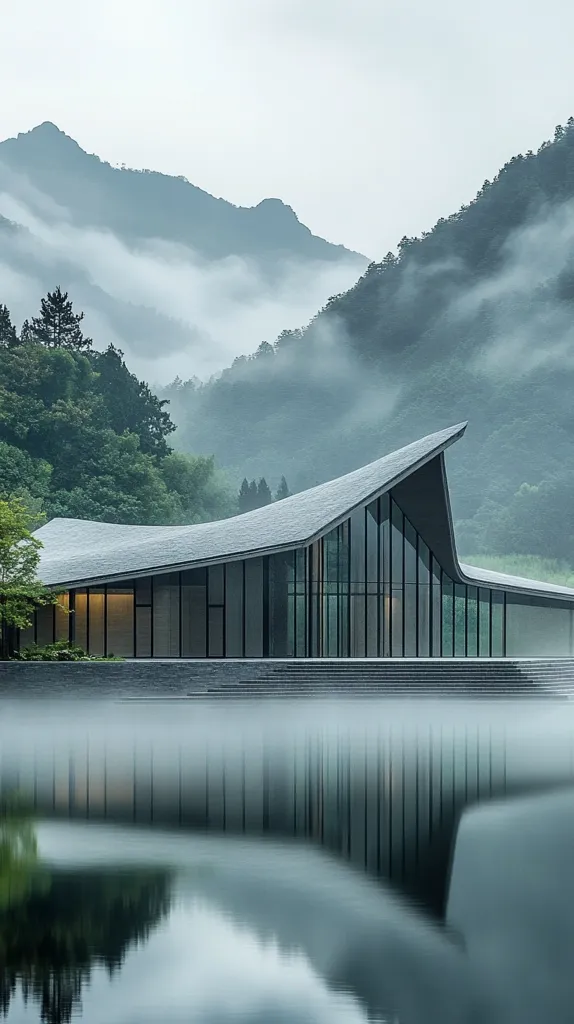A modern, angular building with a sweeping roofline sits serenely by a calm lake.  Misty fog hangs in the air, shrouding the lush green mountains in the background. The building's large glass windows reflect the tranquil surroundings, creating a sense of harmony between architecture and nature. The scene is peaceful and evokes a feeling of quiet contemplation.