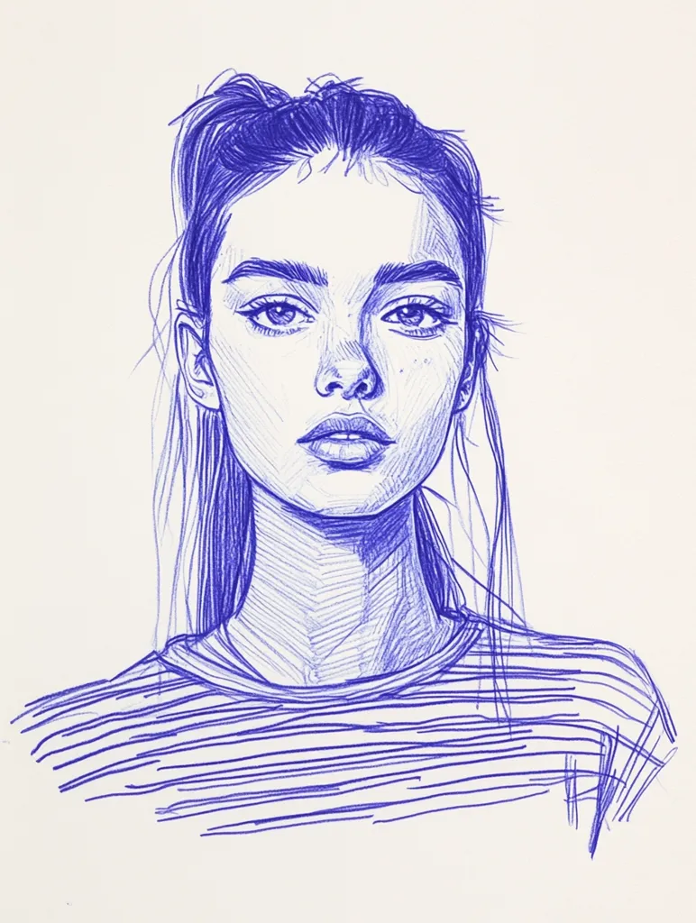 A detailed blue pen-and-ink drawing depicts a young woman with her hair pulled back in a loose bun.  Her expression is serene, her gaze direct.  She wears a horizontally striped shirt, the lines mirroring the meticulous hatching style used throughout the portrait.  The artist's skill is evident in the precise rendering of her features and the texture of her clothing.