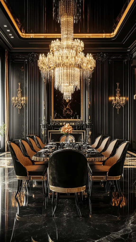 A lavish dining room boasts a dramatic black and gold color scheme.  A massive crystal chandelier illuminates a long, dark dining table surrounded by elegant chairs with gold accents.  The walls are paneled in dark wood, and a black marble fireplace anchors the far wall.  The overall ambiance is one of sophisticated luxury and opulent grandeur.
