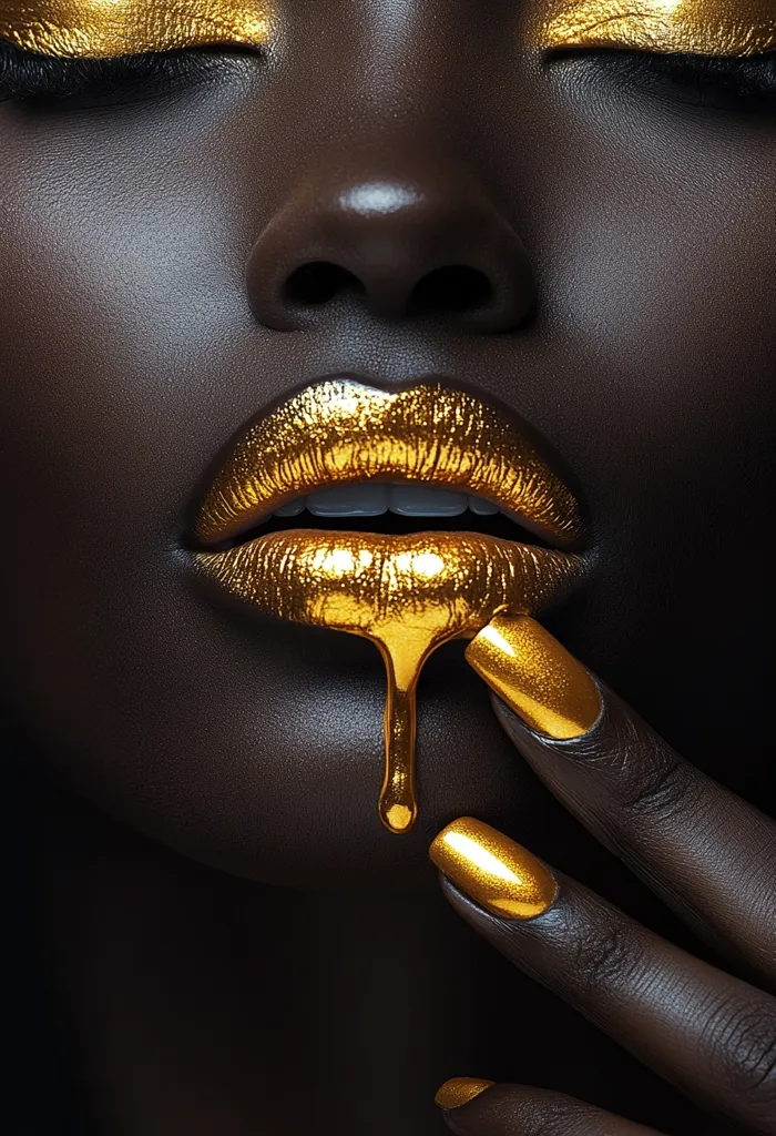 A close-up shot reveals a dark-skinned woman's face adorned with gold makeup.  Her eyelids and lips are coated in glistening gold, with a dramatic drip of gold paint trailing from her lower lip.  Her nails are also painted gold, enhancing the luxurious, metallic aesthetic. The image is sharply focused, highlighting the texture of her skin and the richness of the gold accents.