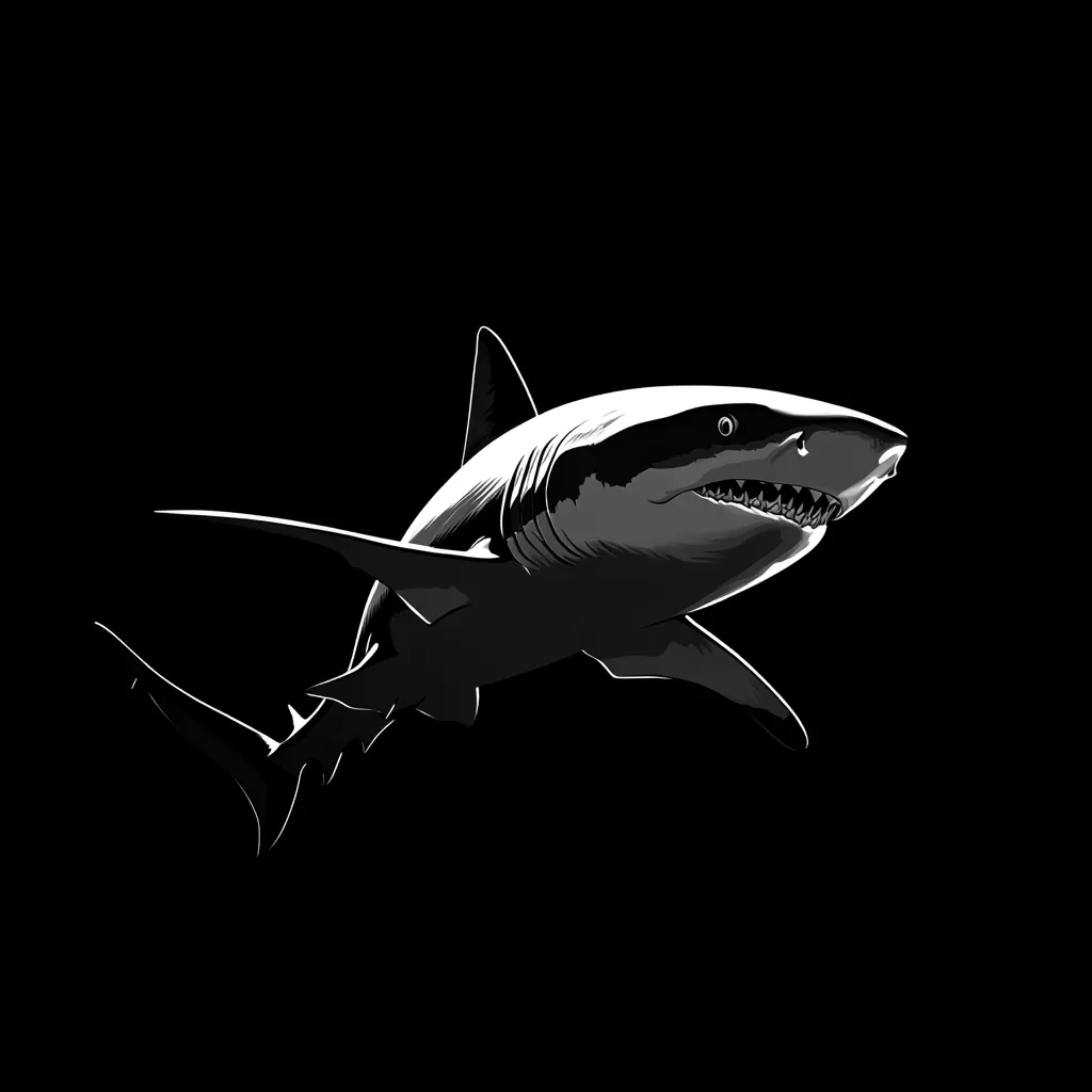 A stylized grayscale image depicts a great white shark against a stark black background.  The shark is rendered in high contrast, emphasizing its powerful form and sharp teeth.  The composition is dramatic, focusing on the shark's predatory profile.  The dark background creates a sense of mystery and danger, highlighting the shark as a formidable ocean predator.