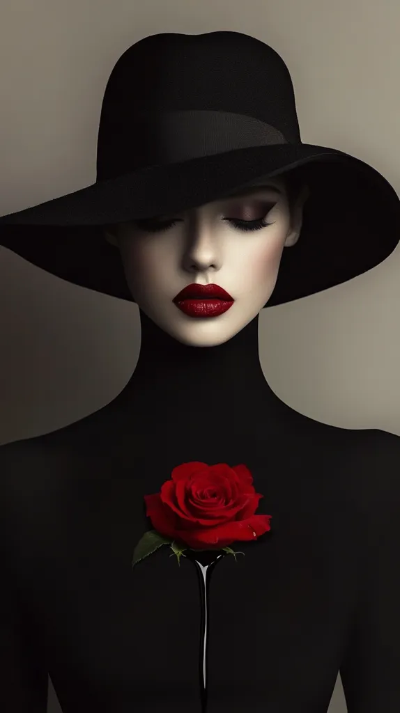 A stylized portrait of a woman in a large black hat, her eyes closed.  Her face is pale, contrasting with her dark red lipstick.  She is depicted with a black, form-fitting bodysuit. A single red rose with a dark liquid dripping from it adorns her chest, creating a dramatic and mysterious mood. The overall aesthetic is dark, elegant, and evocative.