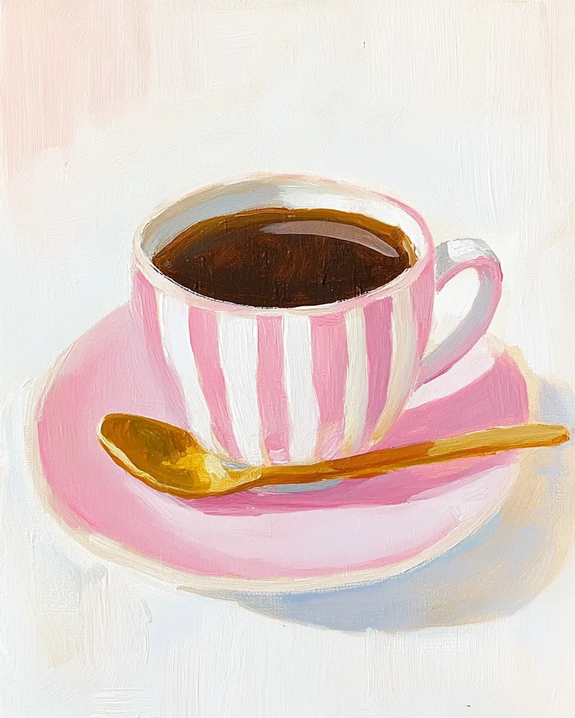 A pink and white striped teacup filled with dark coffee sits on a matching saucer. A gold spoon rests on the saucer beside the cup. The painting style is loose and expressive, with visible brushstrokes. The background is a soft, light color, enhancing the vibrancy of the pink cup and gold spoon.  The overall impression is one of simple elegance and quiet charm.