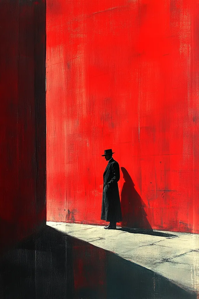 A man in a long black coat and hat stands against a vibrant red wall, his shadow stretching long behind him. The scene is stark and dramatic, with contrasting colors and a strong sense of isolation. The dark figure juxtaposes the bright red backdrop, creating a visually striking image. The composition suggests a feeling of mystery and contemplation.