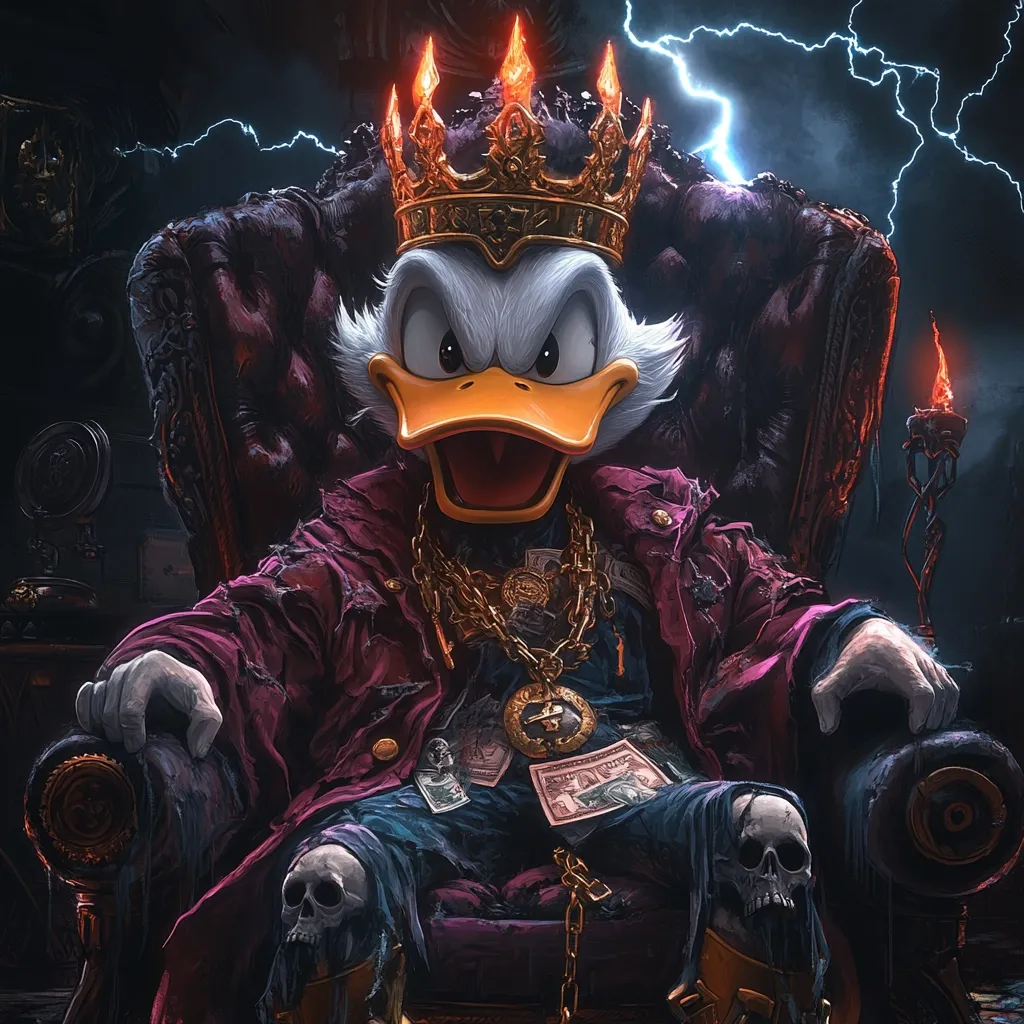 A digital artwork depicts Scrooge McDuck as a king, sitting on an ornate throne amidst a stormy backdrop. He wears a gold crown, opulent robes, and heavy gold chains.  Cash is strewn around him, and skulls adorn the base of the throne, adding to the dark, regal aesthetic.  The overall style is gritty and dramatic, contrasting McDuck's usually jovial demeanor.
