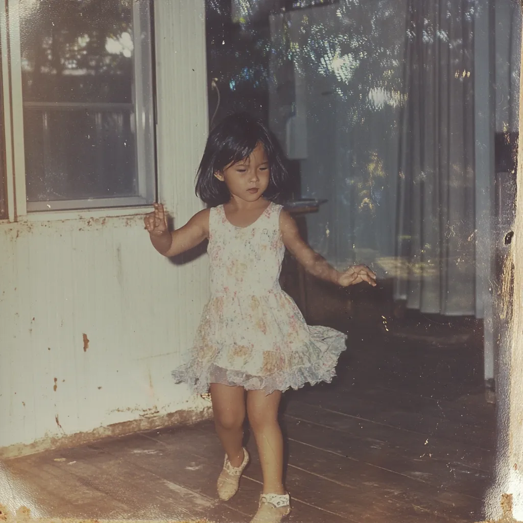 A vintage photograph shows a young girl, possibly three or four years old, wearing a light-colored floral dress. She's playfully dancing indoors, near a window and a weathered wall.  The image has a faded, nostalgic quality, suggesting it's an old snapshot, possibly from the 1980s or 1990s.  The girl's shoes are light-colored and slightly worn. The overall mood is one of carefree childhood innocence.
