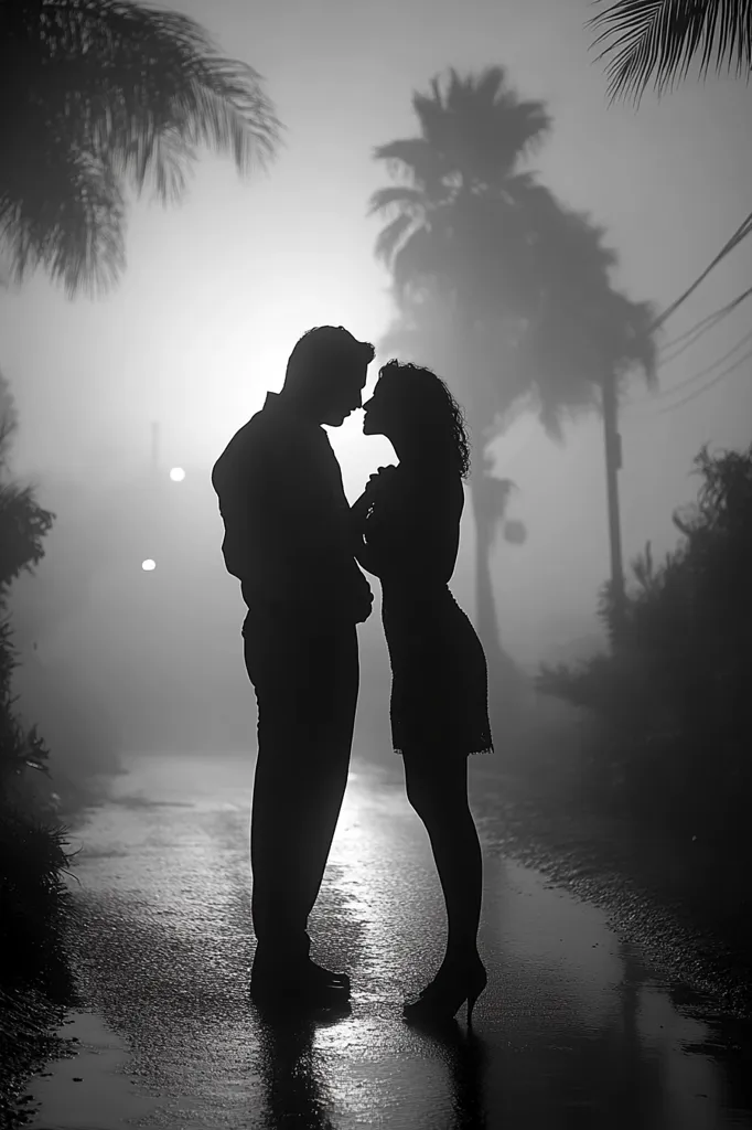 A silhouetted couple stands close, faces touching, on a misty road.  Palm trees loom in the background, partially obscured by fog.  The scene is romantic and evocative, captured in monochrome, emphasizing the intimacy of the moment.  The wet road reflects the dim light, adding to the atmospheric mood.