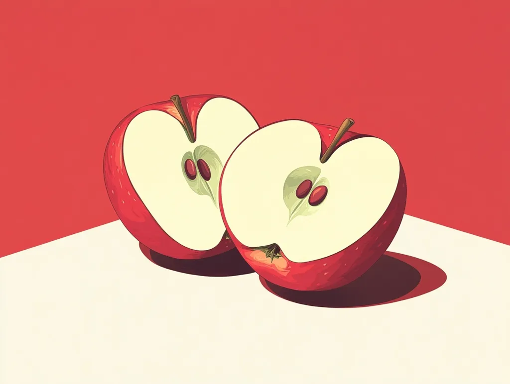 Two halves of a red apple are depicted against a red and white background.  The apples are meticulously illustrated, showcasing their inner details including seeds and core.  The image has a minimalist, stylized aesthetic, with a sharp contrast between the vibrant red of the fruit and background. The apples cast a subtle shadow on the white surface.