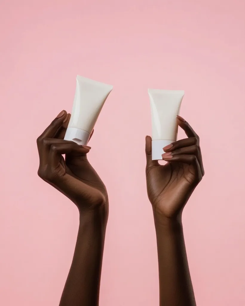 Two hands with dark brown skin hold up white tubes of lotion or cream against a pale pink background.  The tubes are unlabeled, emphasizing the product's simple design. The image is clean and minimalist, focusing on the hands and the product packaging. The overall aesthetic is modern and stylish.