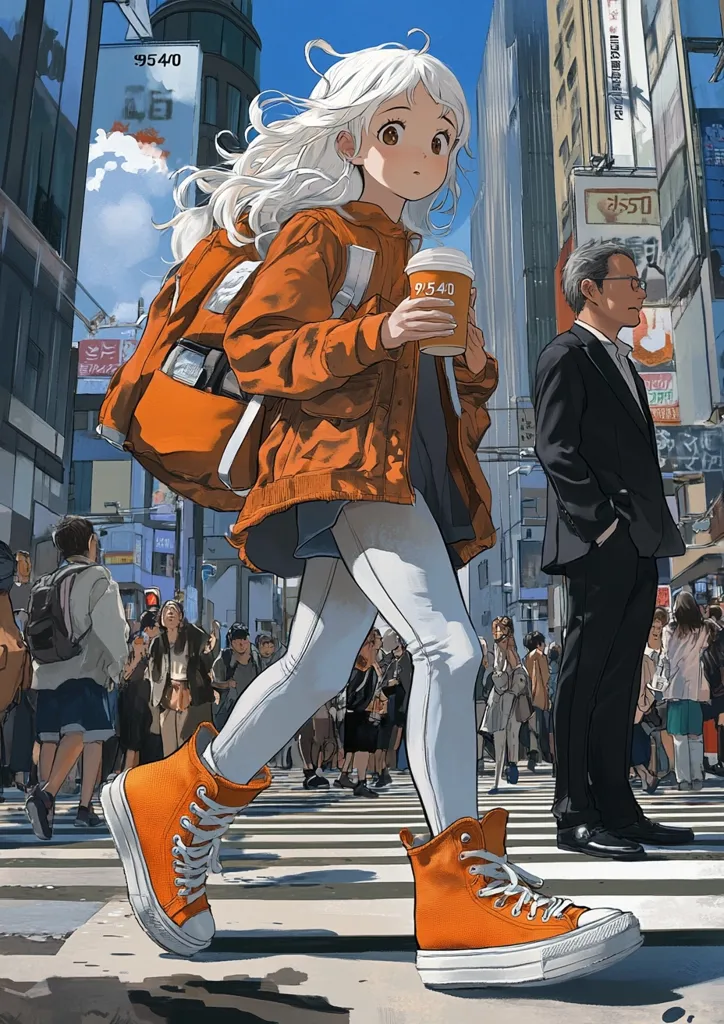 A young girl with long white hair, wearing an orange jacket and white pants, strides confidently across a bustling Japanese crosswalk.  She carries an orange backpack and holds a coffee cup.  A businessman in a suit observes her from the background.  The scene is vibrant and detailed, capturing the energy of a city street.  Bright sunlight illuminates the scene.