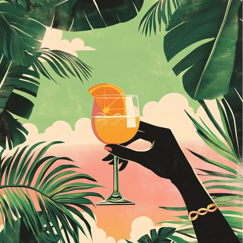 A stylized illustration depicts a hand holding a glass of orange-colored beverage, garnished with an orange slice.  The drink is set against a pastel pink and green background featuring lush tropical foliage.  The scene evokes a feeling of relaxation and tropical escape, possibly suggesting a summer cocktail.  The hand wears a gold bracelet, adding a touch of elegance.  The overall style is modern and vibrant.
