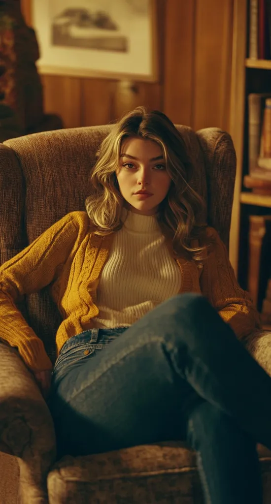 A young woman with long, blonde hair sits in a brown armchair. She wears a mustard-yellow cardigan over a cream-colored turtleneck and dark blue jeans. The setting is a dimly lit room with wooden walls and a bookcase in the background.  The image has a warm, vintage feel, focusing on the woman's contemplative expression.