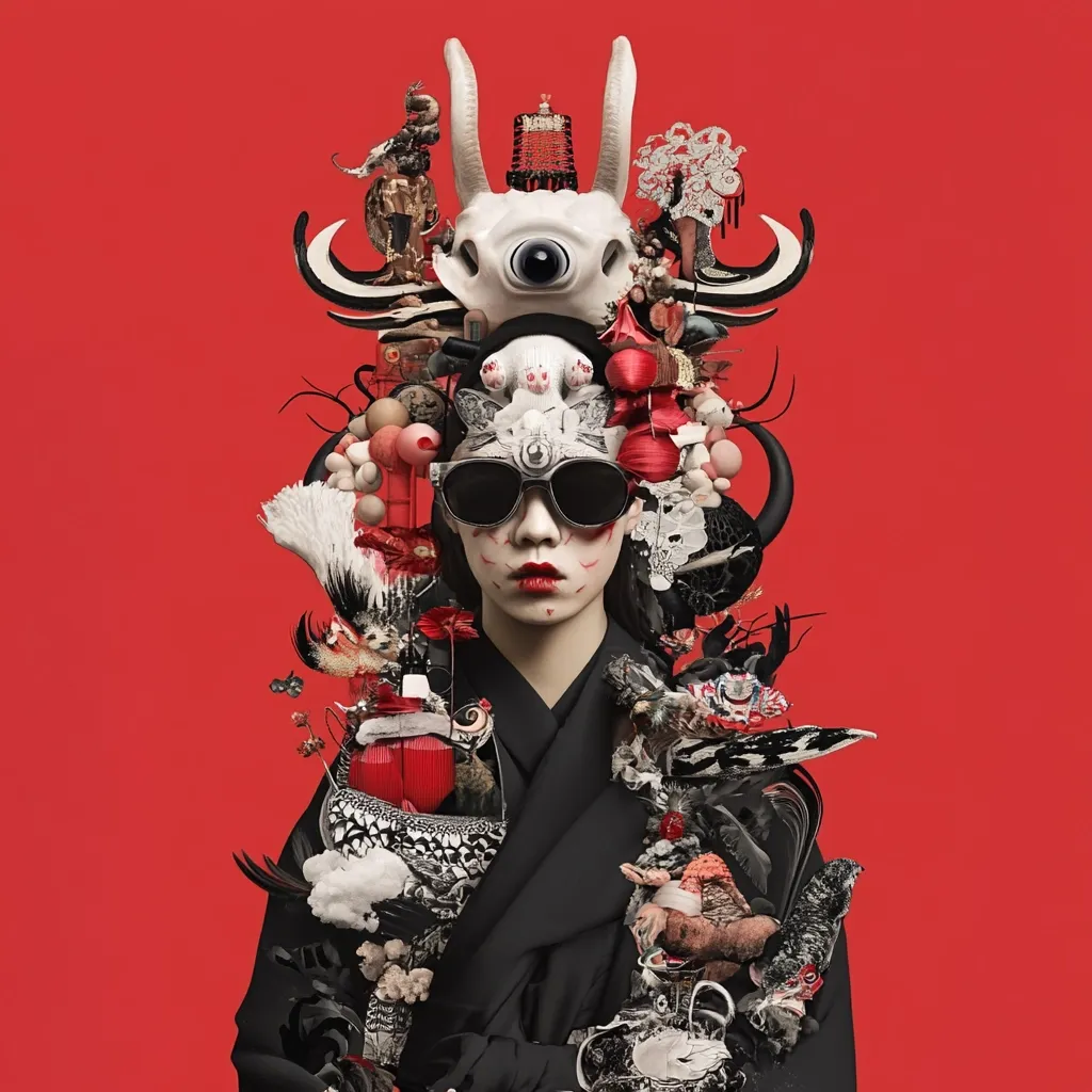 A striking digital artwork depicts a person adorned in a dramatic, elaborate headdress and black attire.  The headdress is a chaotic yet aesthetically pleasing collage of diverse elements, including animal motifs, Asian-inspired ornaments, and surreal objects.  The individual's face is partially obscured by sunglasses, creating a mysterious and captivating effect against the bold red background.  The overall style is a blend of traditional and contemporary aesthetics, resulting in a powerful and visually arresting image.