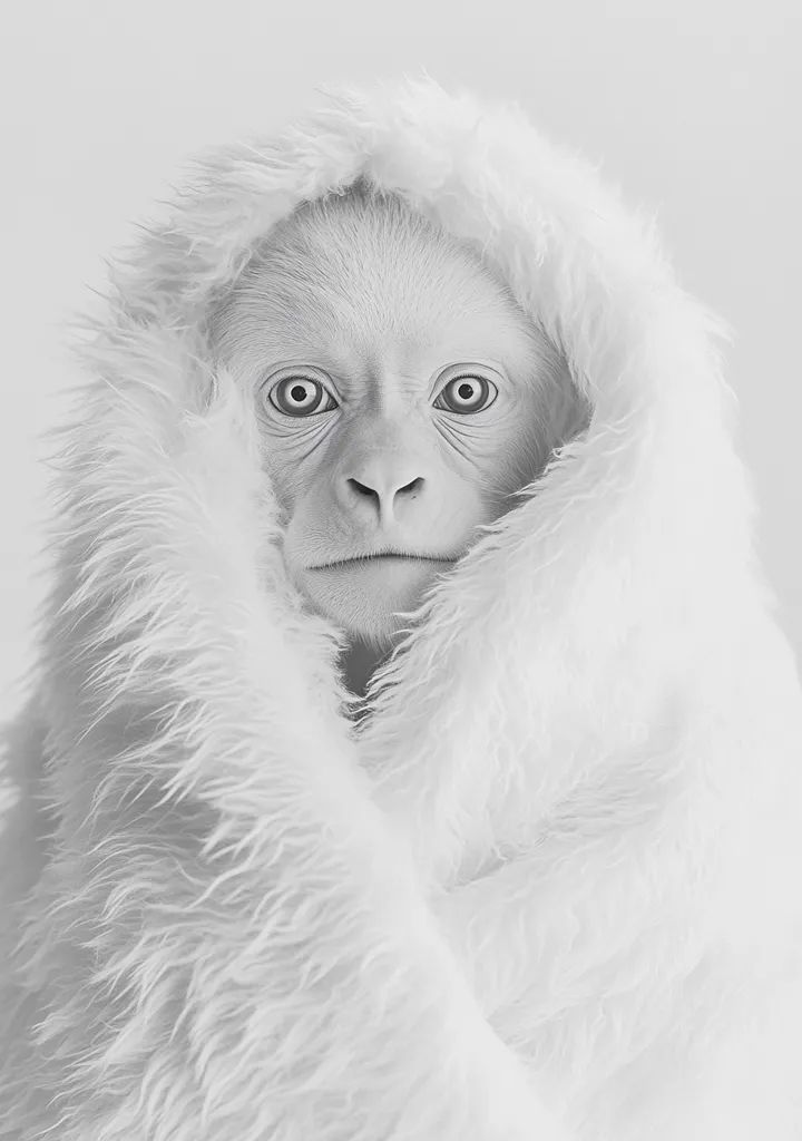 A black and white close-up shot depicts a young monkey, seemingly albino, nestled within a fluffy white fur garment.  The monkey's face is partially visible, its large, expressive eyes and serene expression prominent.  The soft texture of the fur contrasts with the monkey's smooth skin, creating a striking visual effect. The overall image is peaceful and evokes a sense of warmth and comfort.