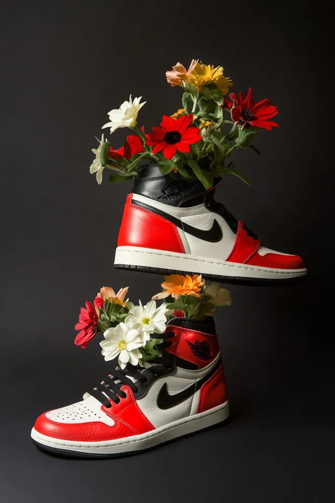 A pair of Air Jordan 1 high-top sneakers in red, black, and white are displayed against a black background.  Vibrant bouquets of flowers, including daisies and gerbera daisies in various colors, are artfully arranged inside each shoe, creating a striking contrast between athletic footwear and delicate blossoms. The image showcases a creative juxtaposition of sporty and floral elements.