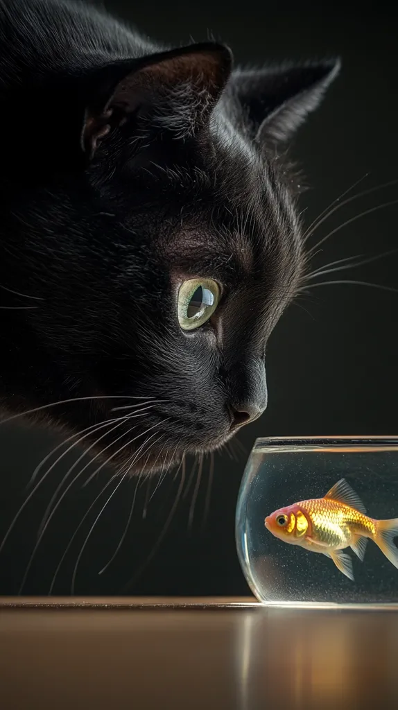 A black cat intensely gazes at a goldfish swimming in a small, clear bowl.  The cat's profile is sharply in focus, its dark fur contrasting with its bright green eyes.  The goldfish, a vibrant orange, is centrally positioned in the bowl. The background is dark and blurred, drawing attention to the interaction between predator and prey.  The scene is dramatic and intriguing.